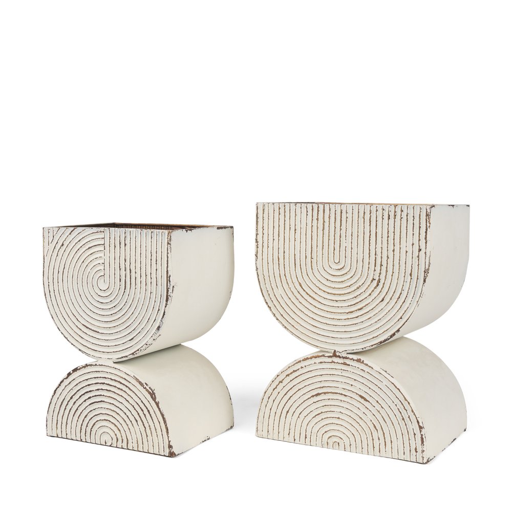 Set of Two Gold And Off White Metal 20 Ounce Geometric Rectangular Distressed Pot Planters — view 3