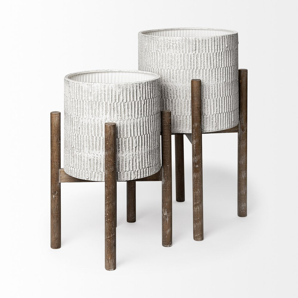 Set of Two Cream And Brown Ceramic And Wood Round Elevated Planters — view 5