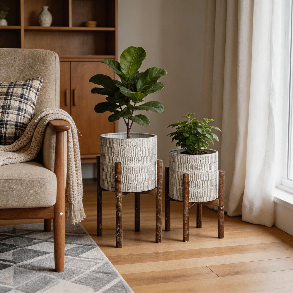 Set of Two Cream And Brown Ceramic And Wood Round Elevated Planters — view 7