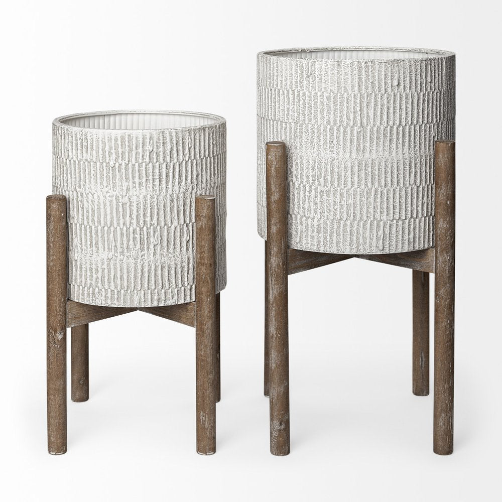 Set of Two Cream And Brown Ceramic And Wood Round Elevated Planters — view 4