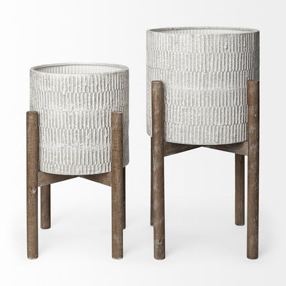 Set of Two Cream And Brown Ceramic And Wood Round Elevated Planters