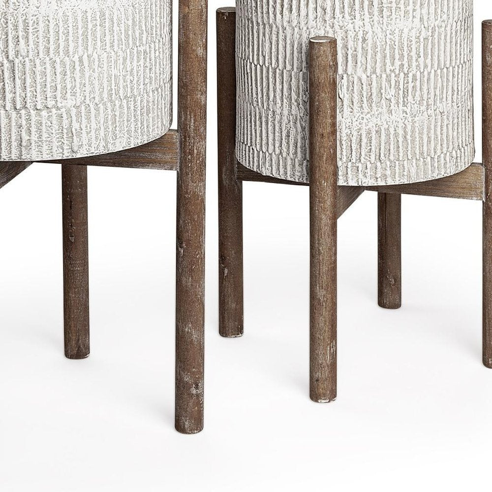 Set of Two Cream And Brown Ceramic And Wood Round Elevated Planters — view 6