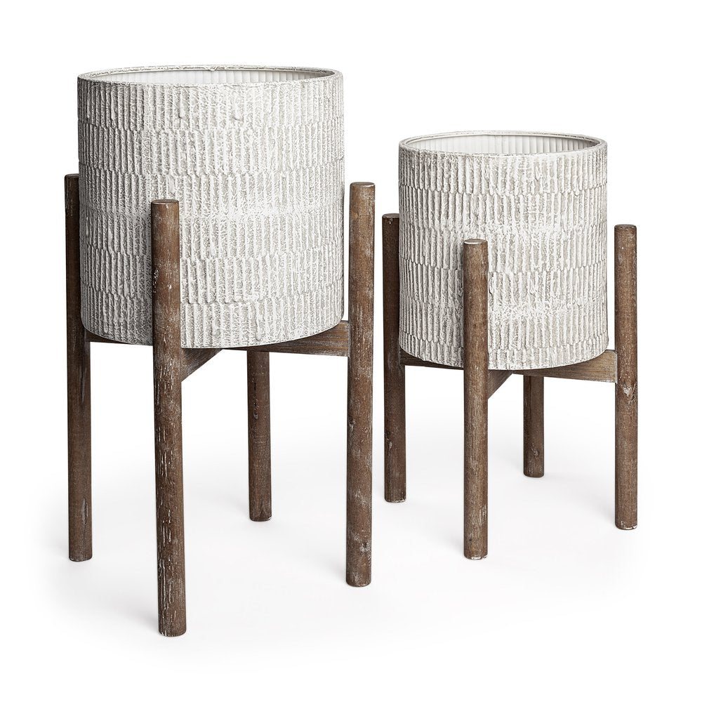 Set of Two Cream And Brown Ceramic And Wood Round Elevated Planters — view 1