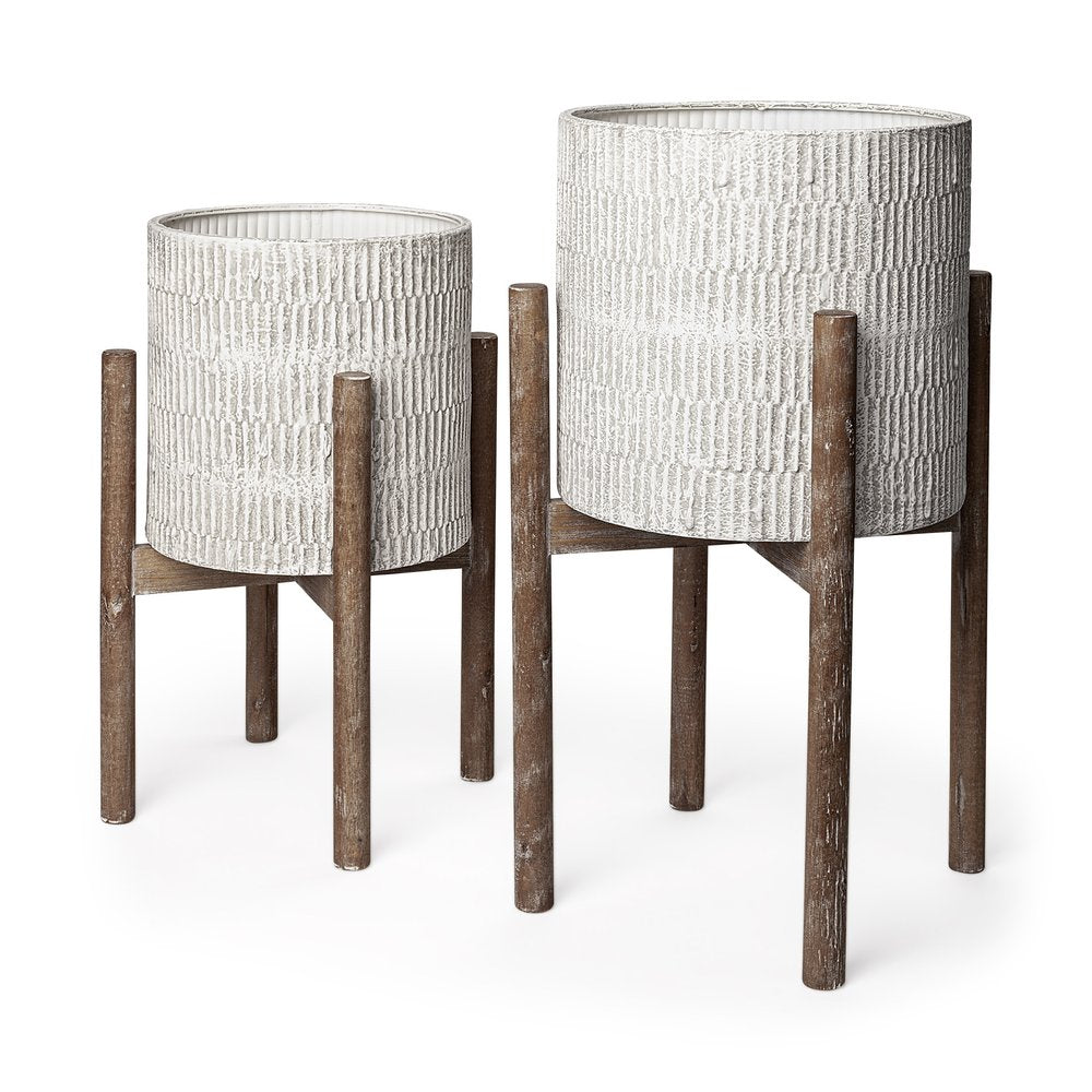 Set of Two Cream And Brown Ceramic And Wood Round Elevated Planters — view 2