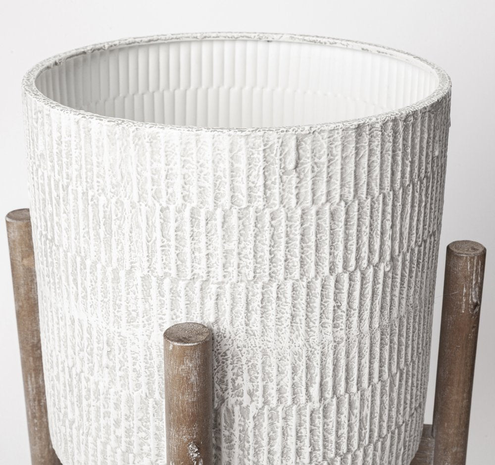 Set of Two Cream And Brown Ceramic And Wood Round Elevated Planters — view 3