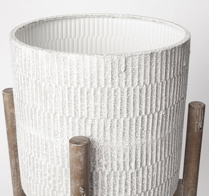 Set of Two Cream And Brown Ceramic And Wood Round Elevated Planters