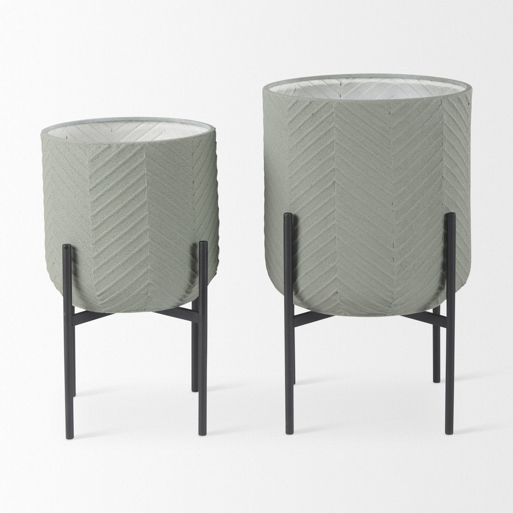 Set of Two Black And Green Metal 20 Ounce Round Elevated Planters — view 10