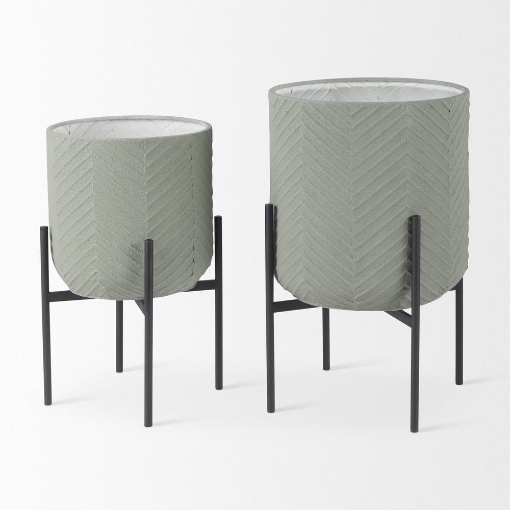 Set of Two Black And Green Metal 20 Ounce Round Elevated Planters — view 11