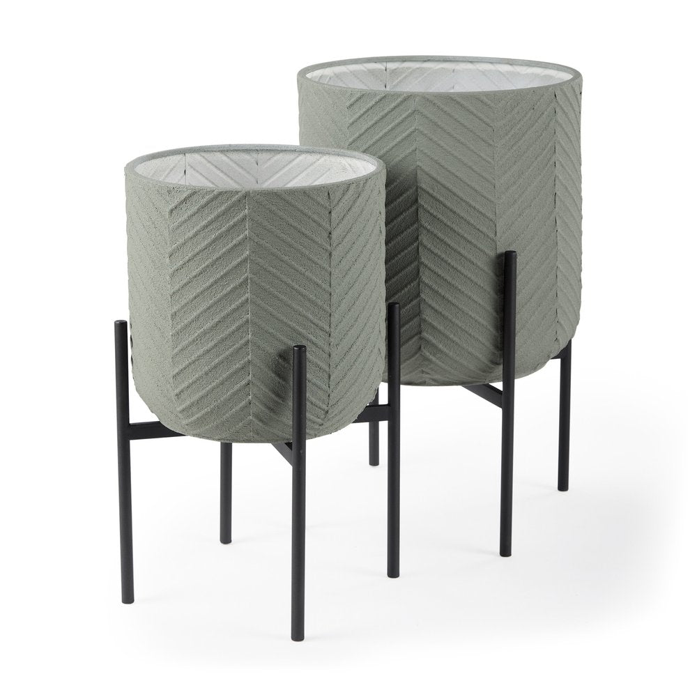 Set of Two Black And Green Metal 20 Ounce Round Elevated Planters — view 3