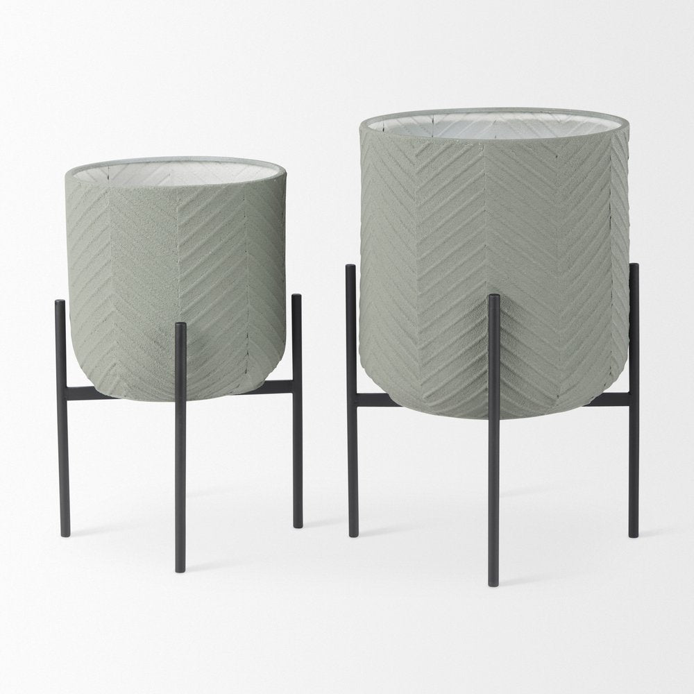 Set of Two Black And Green Metal 20 Ounce Round Elevated Planters — view 4
