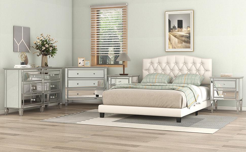 Upholstered Platform Bed with Saddle Curved Headboard and Diamond Tufted Details King Beige - FurniFindUSA