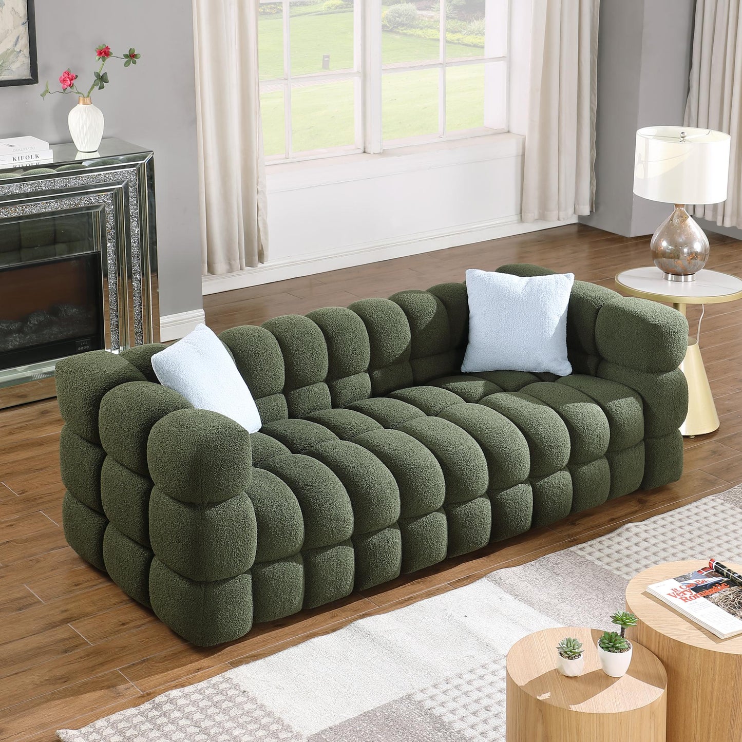 84.3 length ,35.83" deepth ,human body structure for USA people, marshmallow sofa,boucle sofa ,3 seater