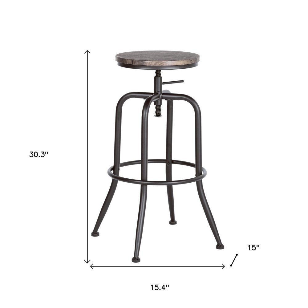 Set of Two Walnut And Black Wood And Iron Backless Adjustable Height Swivel Bar Chairs HomeRoots