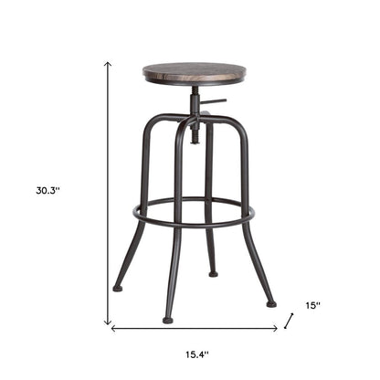 Set of Two Walnut And Black Wood And Iron Backless Adjustable Height Swivel Bar Chairs HomeRoots