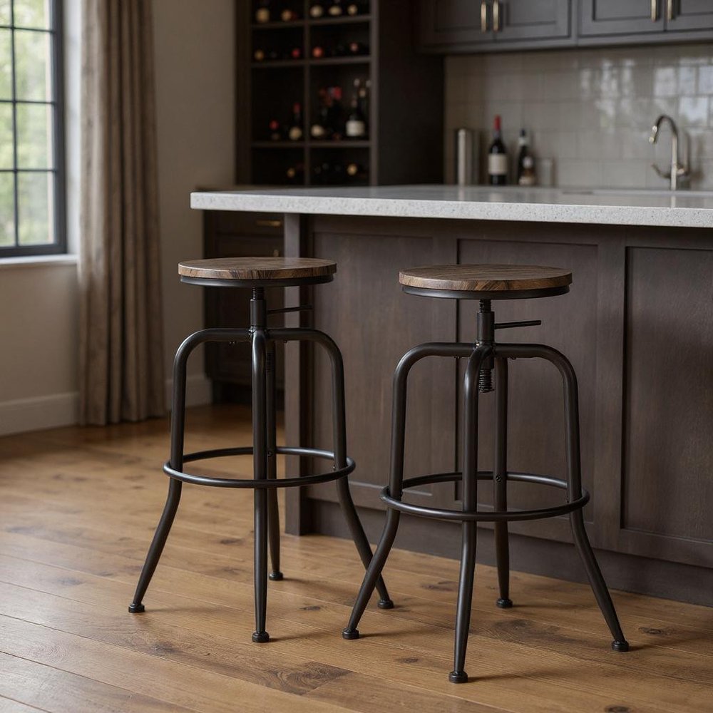 Set of Two Walnut And Black Wood And Iron Backless Adjustable Height Swivel Bar Chairs HomeRoots