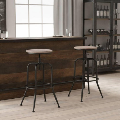 Set of Two Walnut And Black Wood And Iron Backless Adjustable Height Swivel Bar Chairs HomeRoots