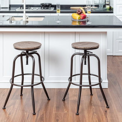 Set of Two Walnut And Black Wood And Iron Backless Adjustable Height Swivel Bar Chairs HomeRoots
