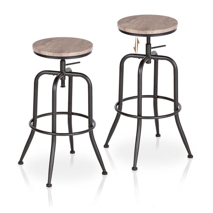 Set of Two Walnut And Black Wood And Iron Backless Adjustable Height Swivel Bar Chairs HomeRoots