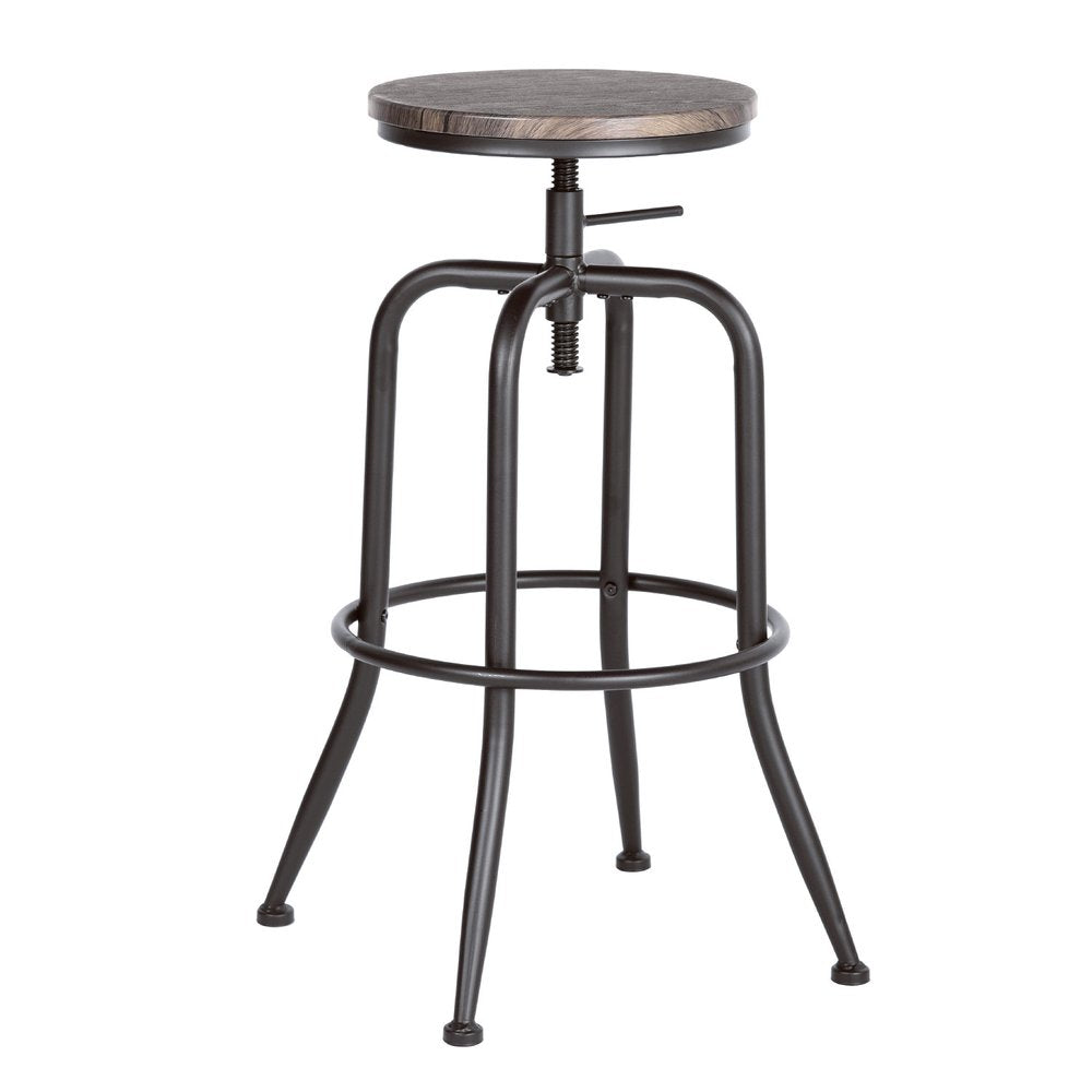 Set of Two Walnut And Black Wood And Iron Backless Adjustable Height Swivel Bar Chairs HomeRoots