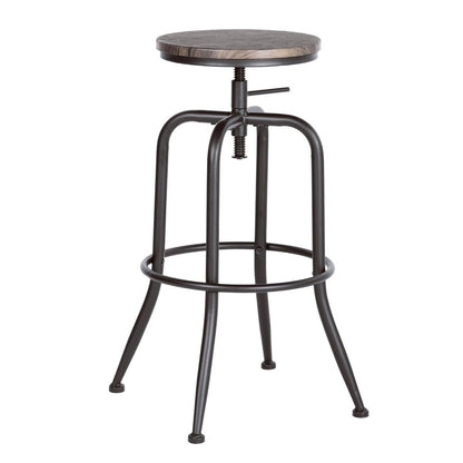 Set of Two Walnut And Black Wood And Iron Backless Adjustable Height Swivel Bar Chairs HomeRoots