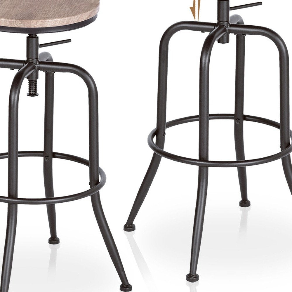 Set of Two Walnut And Black Wood And Iron Backless Adjustable Height Swivel Bar Chairs HomeRoots