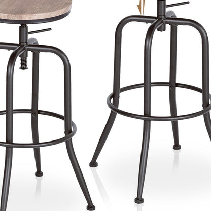 Set of Two Walnut And Black Wood And Iron Backless Adjustable Height Swivel Bar Chairs HomeRoots