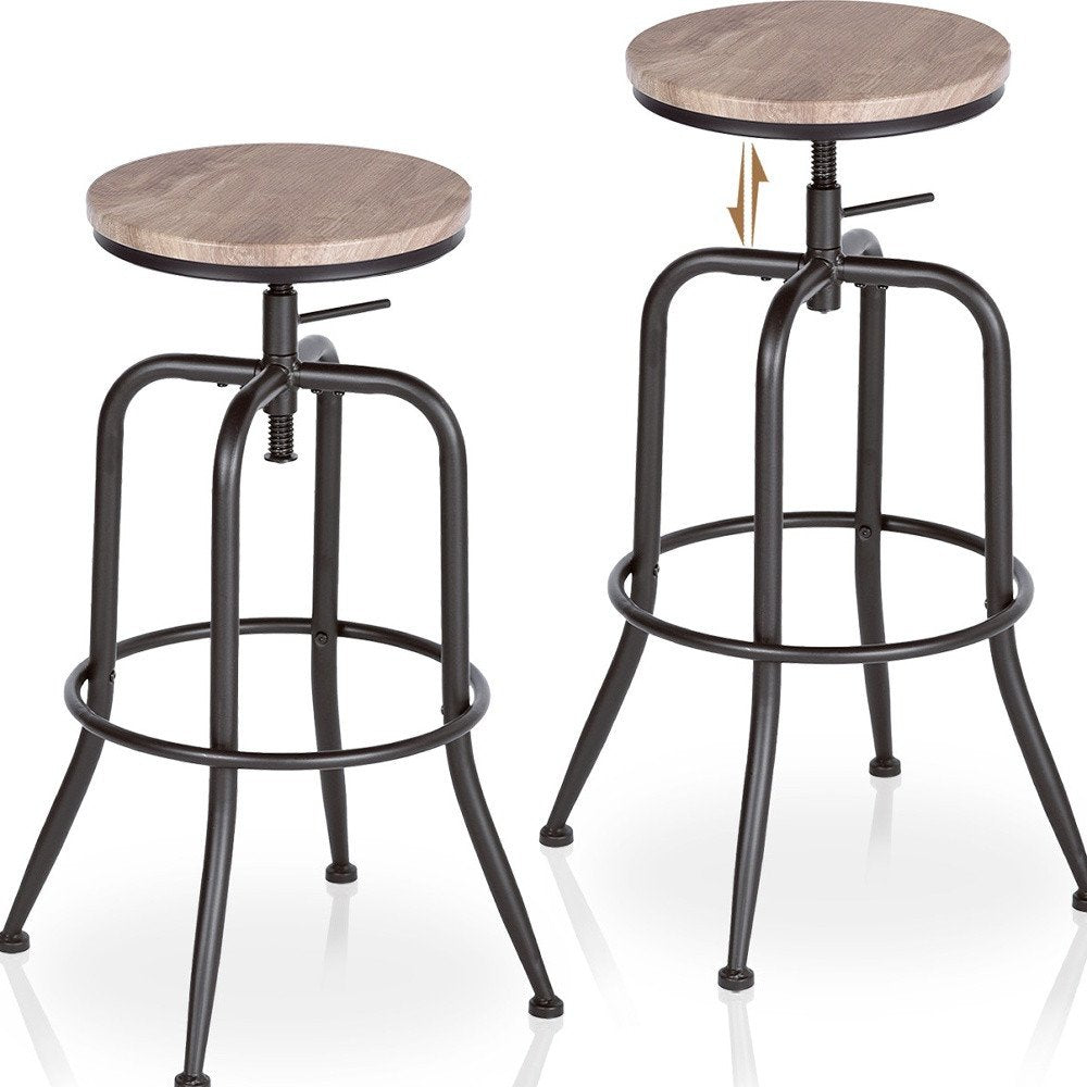 Set of Two Walnut And Black Wood And Iron Backless Adjustable Height Swivel Bar Chairs HomeRoots