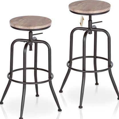 Set of Two Walnut And Black Wood And Iron Backless Adjustable Height Swivel Bar Chairs HomeRoots