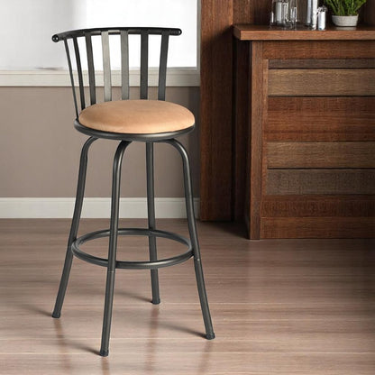 Khaki And Black Suede And Faux Leather And Metal Low Back Adjustable Height Swivel Bar Chair HomeRoots
