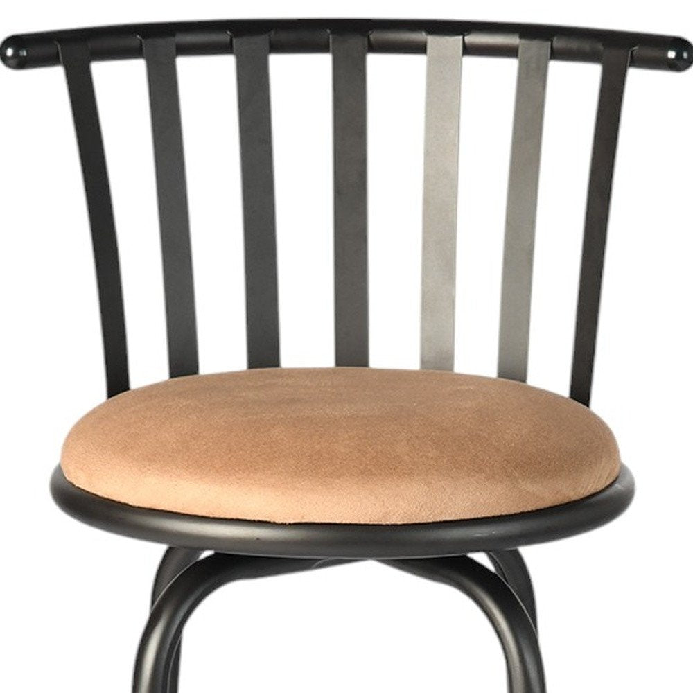 Khaki And Black Suede And Faux Leather And Metal Low Back Adjustable Height Swivel Bar Chair HomeRoots