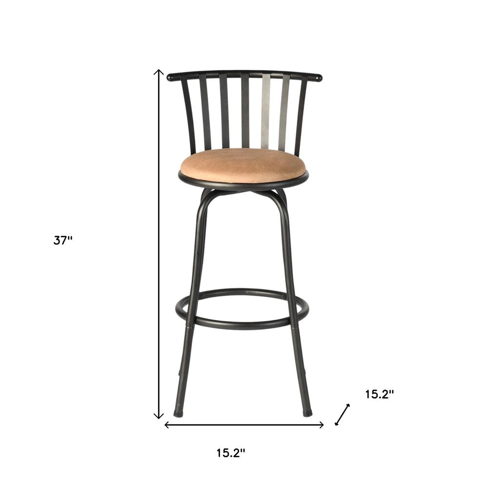 Khaki And Black Suede And Faux Leather And Metal Low Back Adjustable Height Swivel Bar Chair HomeRoots