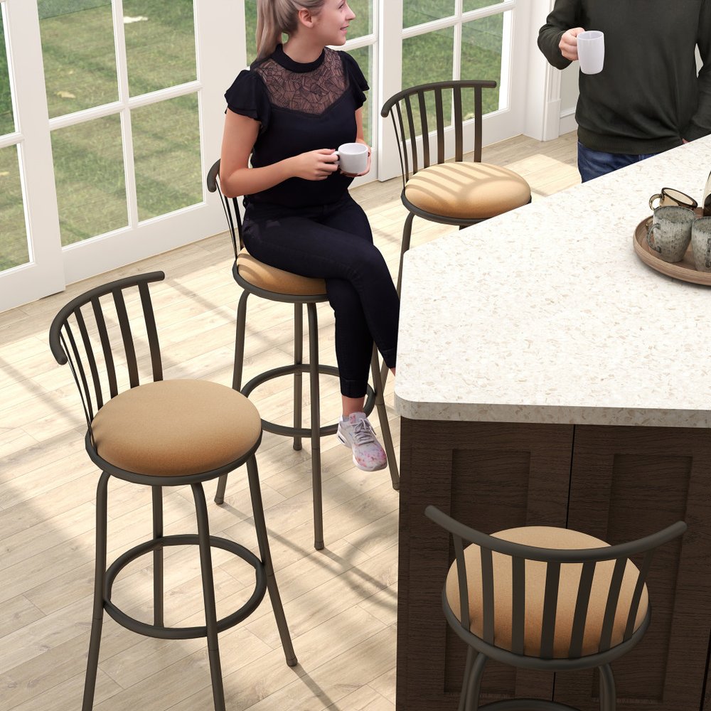 Khaki and Black Suede Faux Leather and Metal Low Back Adjustable Height Swivel Bar Chair HomeRoots