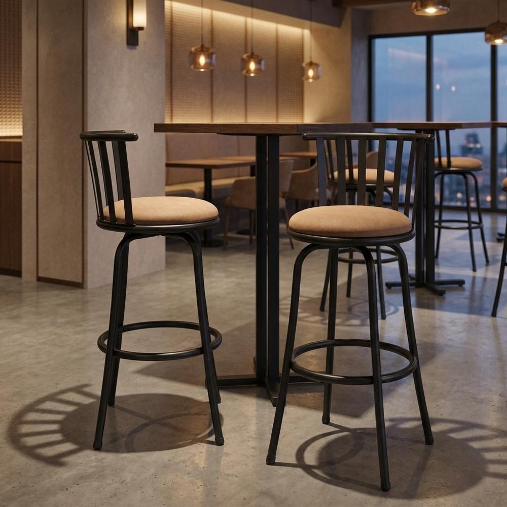 Set of Two Khaki And Black Suede And Faux Leather And Iron Low Back Adjustable Height Swivel Bar Chairs — view 9
