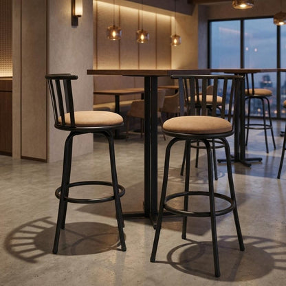 Set of Two Khaki And Black Suede And Faux Leather And Iron Low Back Adjustable Height Swivel Bar Chairs HomeRoots