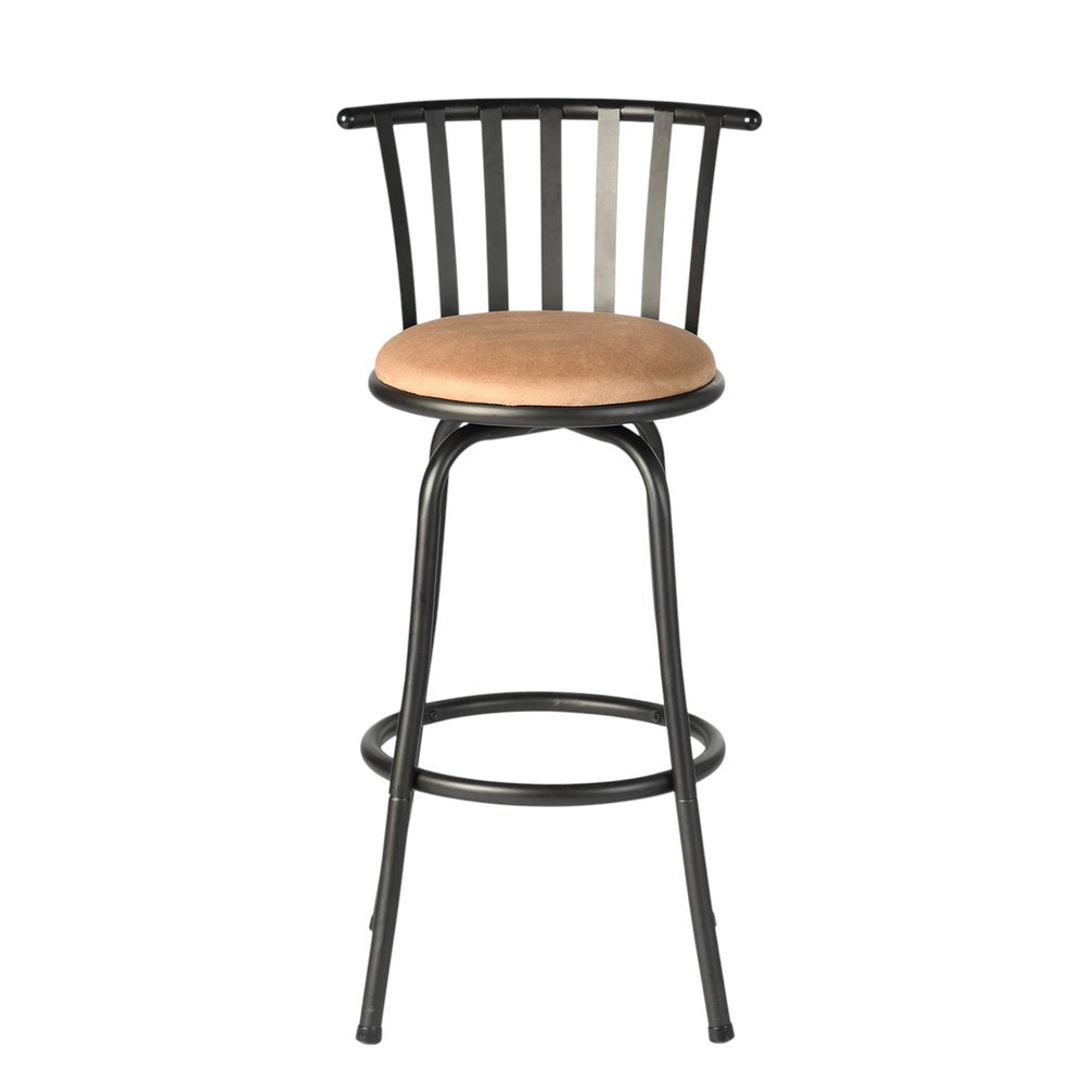 Set of Three Khaki And Black Suede And Faux Leather And Iron Low Back Adjustable Height Swivel Bar Chairs HomeRoots