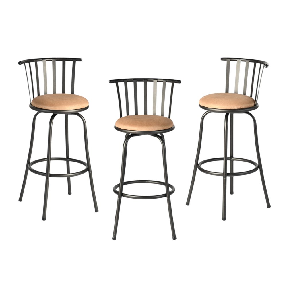 Set of Three Khaki And Black Suede And Faux Leather And Iron Low Back Adjustable Height Swivel Bar Chairs HomeRoots