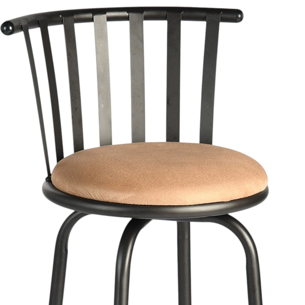 Set of Three Khaki And Black Suede And Faux Leather And Iron Low Back Adjustable Height Swivel Bar Chairs HomeRoots