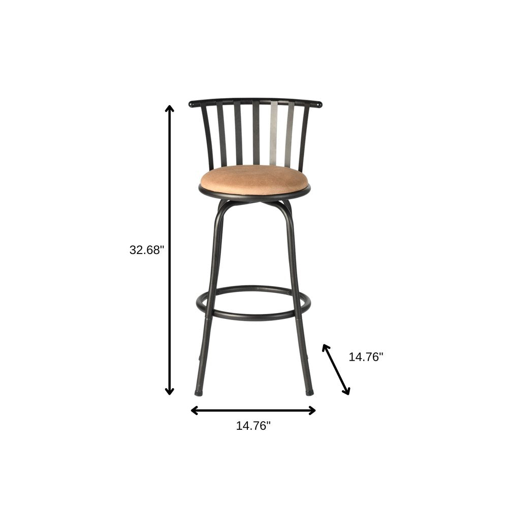 Set of Three Khaki And Black Suede And Faux Leather And Iron Low Back Adjustable Height Swivel Bar Chairs HomeRoots