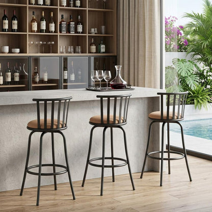Set of Three Khaki And Black Suede And Faux Leather And Iron Low Back Adjustable Height Swivel Bar Chairs HomeRoots
