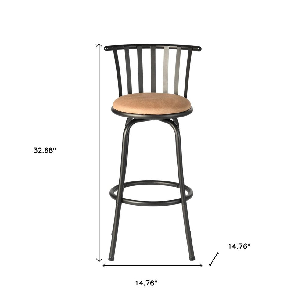 Set of Three Khaki And Black Suede And Faux Leather And Iron Low Back Adjustable Height Swivel Bar Chairs HomeRoots