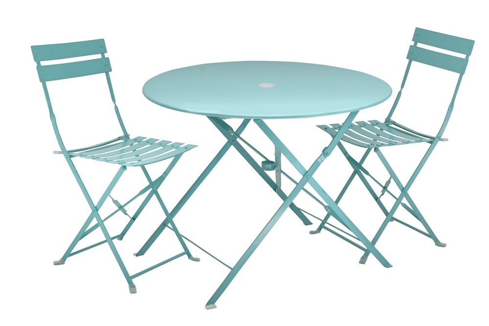 Three Piece Teal Blue Round Metal Dining Set with Two Chairs HomeRoots