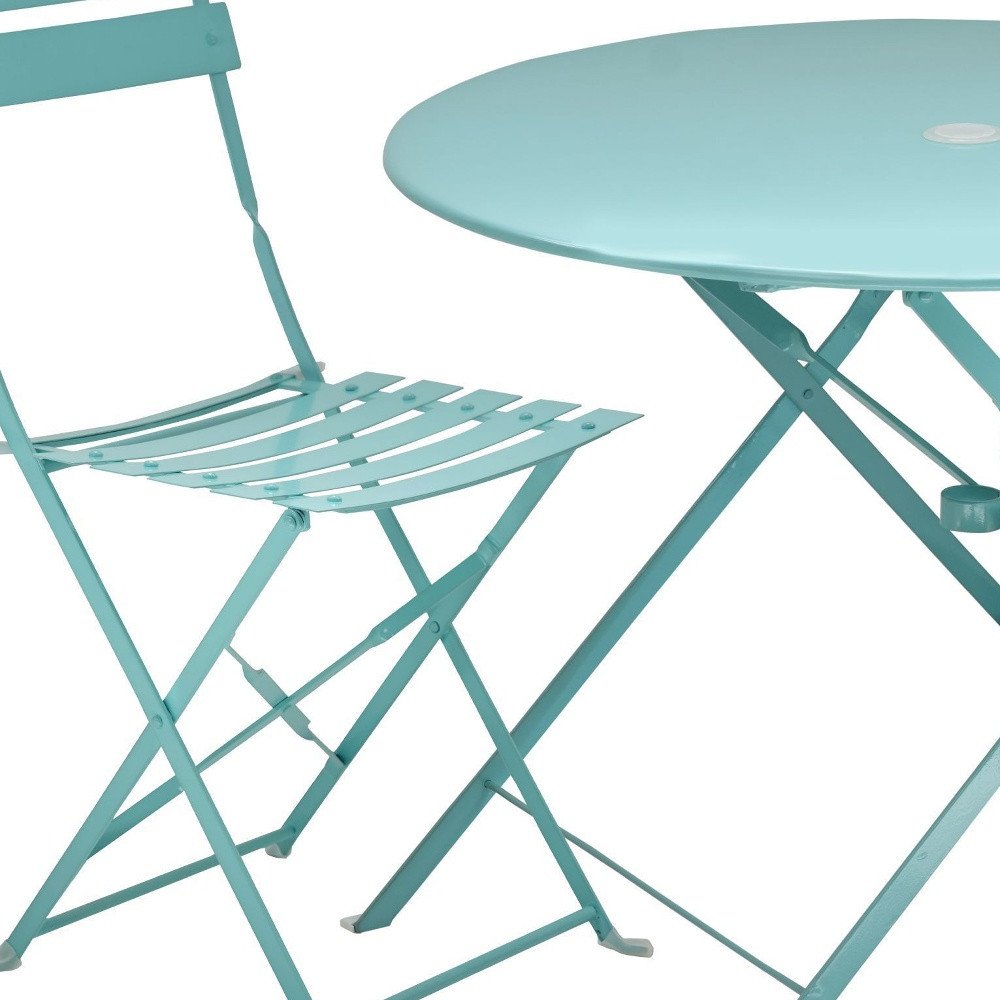 Three Piece Teal Blue Round Metal Dining Set with Two Chairs HomeRoots