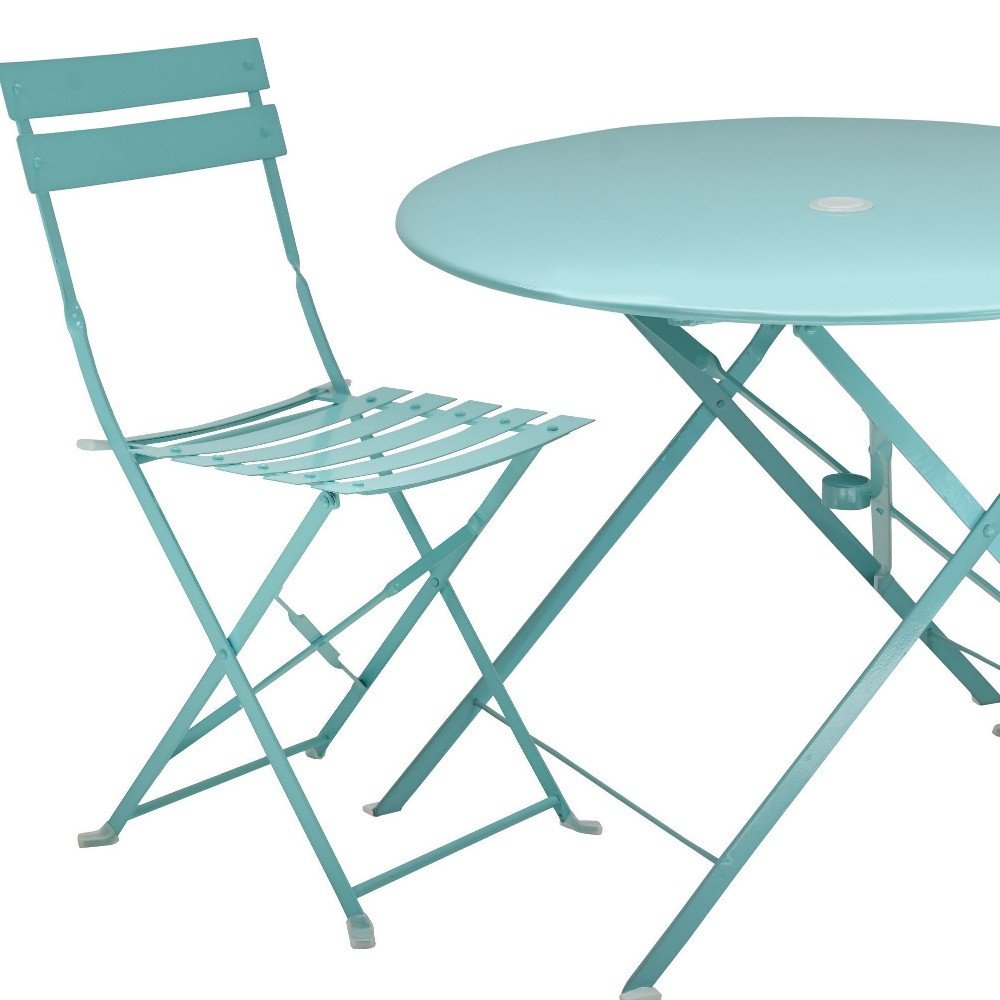Three Piece Teal Blue Round Metal Dining Set with Two Chairs HomeRoots