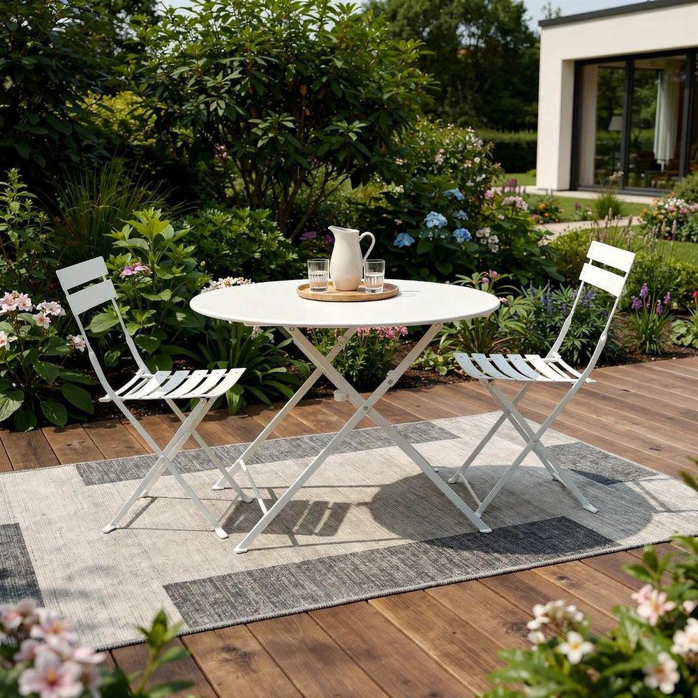 Three Piece White Round Metal Dining Set with Two Chairs HomeRoots