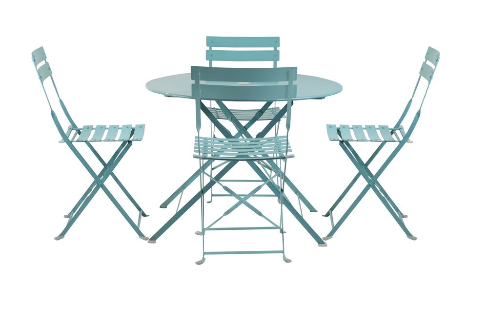 Five Piece Teal Blue Round Metal Dining Set with Four Chairs HomeRoots