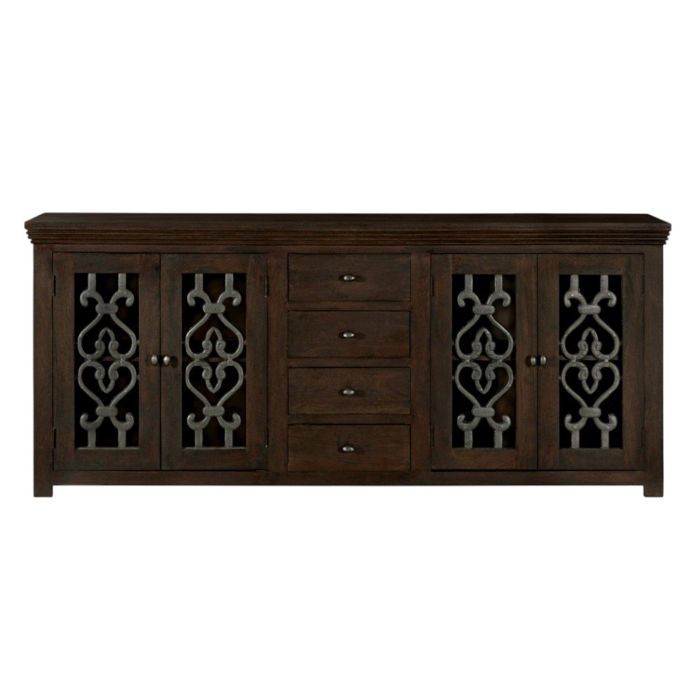 84" Brown Distressed Solid Wood Four Drawer Sideboard With Four Glass Doors HomeRoots