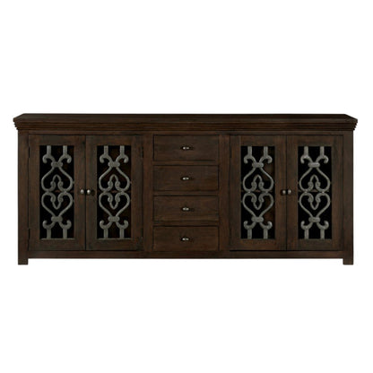 84" Brown Distressed Solid Wood Four Drawer Sideboard With Four Glass Doors HomeRoots