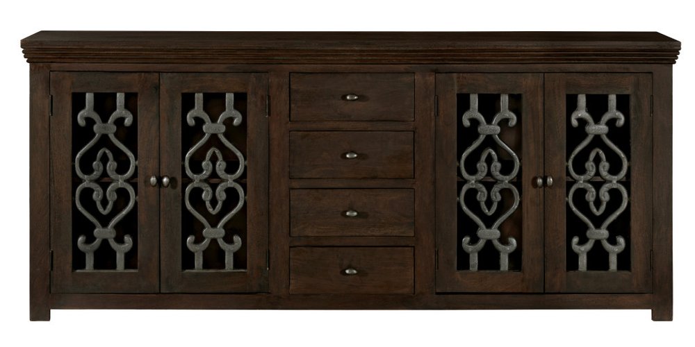 84" Brown Distressed Solid Wood Four Drawer Sideboard With Four Glass Doors HomeRoots