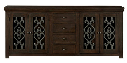 84" Brown Distressed Solid Wood Four Drawer Sideboard With Four Glass Doors HomeRoots