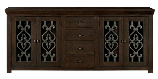 84" Brown Distressed Solid Wood And Iron Carved Scrollwork Four Drawer Sideboard With Four Glass Doors